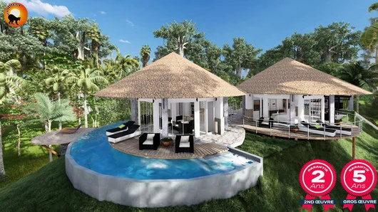 Lodge Hibiscus avec piscine au Domaine Lokobe Nosy Be et logos garanties 2 ans second œuvre et 5 ans gros œuvre
