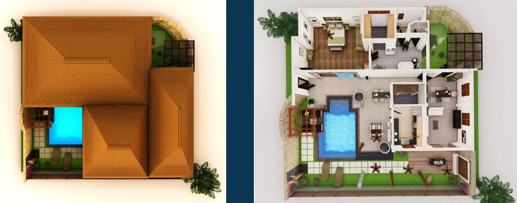 Plan détaillé et vue aérienne du lodge une chambre avec piscine au Domaine Résidentiel Lokobe Nosy Be, pour visualiser l’implantation et le potentiel locatif