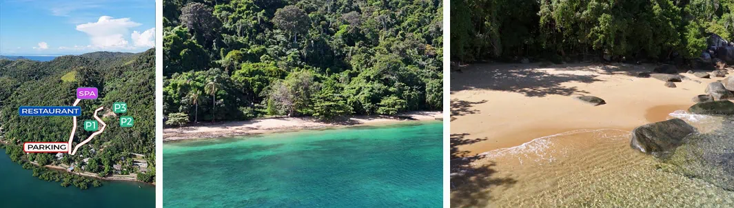 Vue aérienne du domaine résidentiel à Nosy Be et plage turquoise