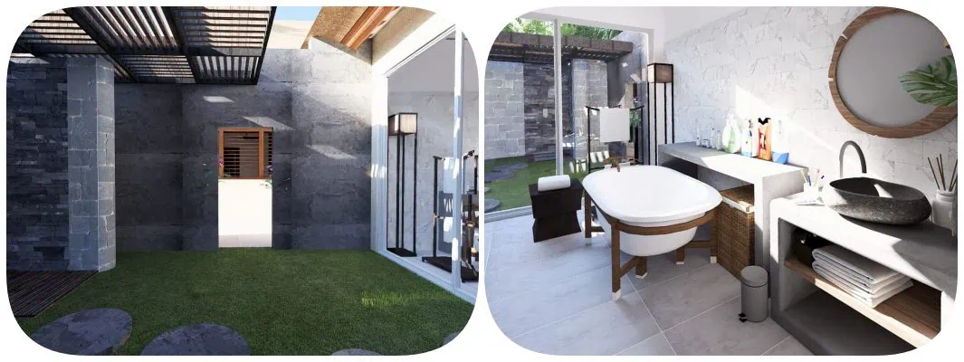 Salle de bain moderne de la master room avec douche extérieure, villa à Nosy Be