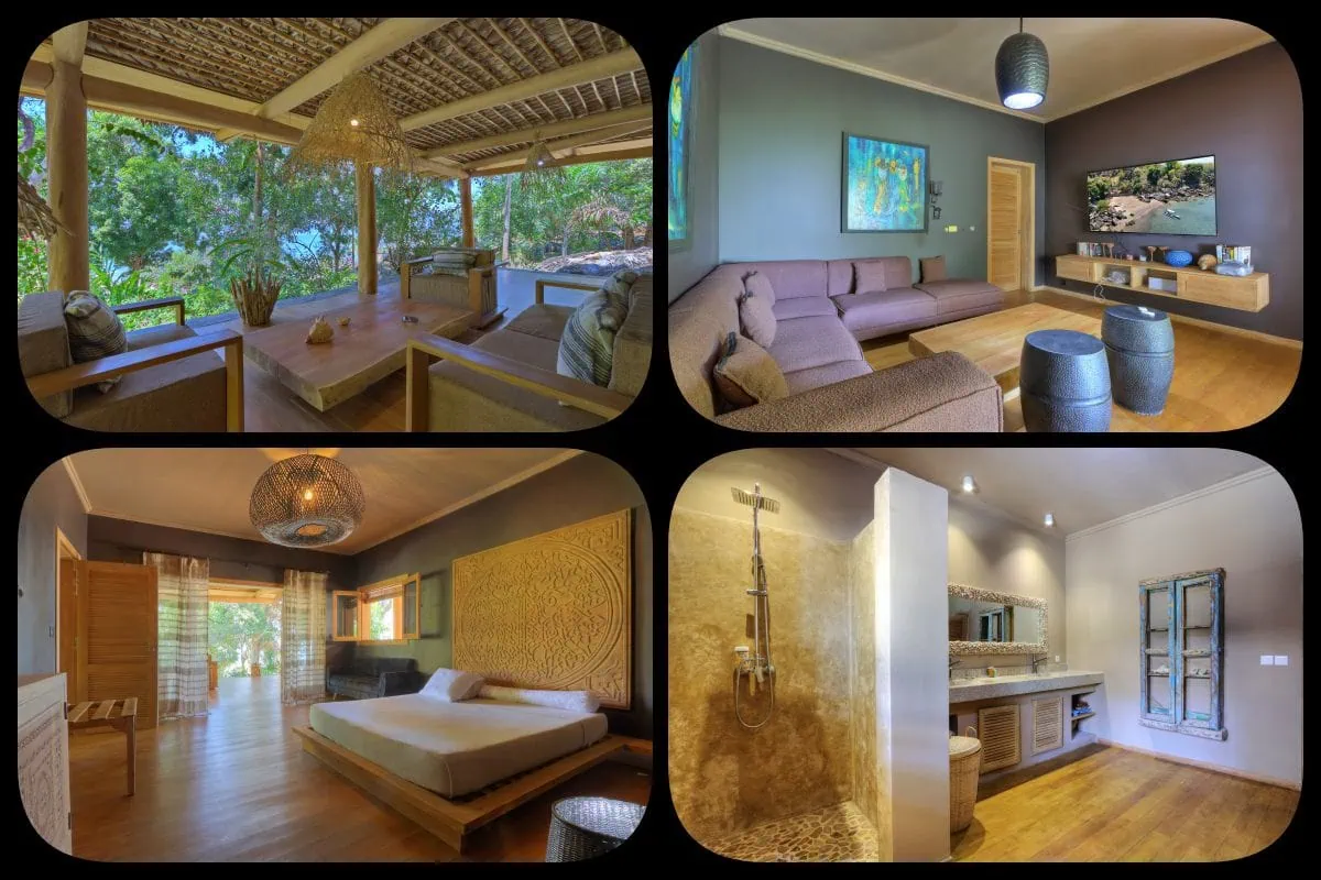 Intérieurs de la villa à Nosy Komba montrant terrasse, salon, chambre et salle de bain de standing