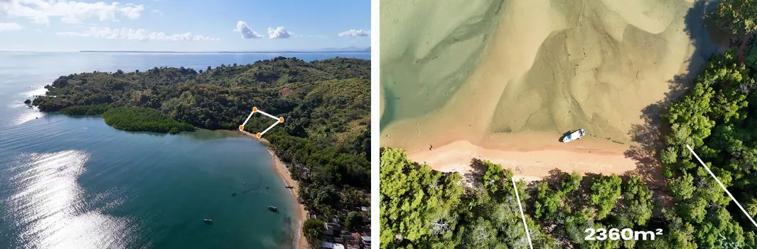 Montage aérien montrant le terrain à vendre à Nosy Be avec vue depuis la mer et vue vers la mer.