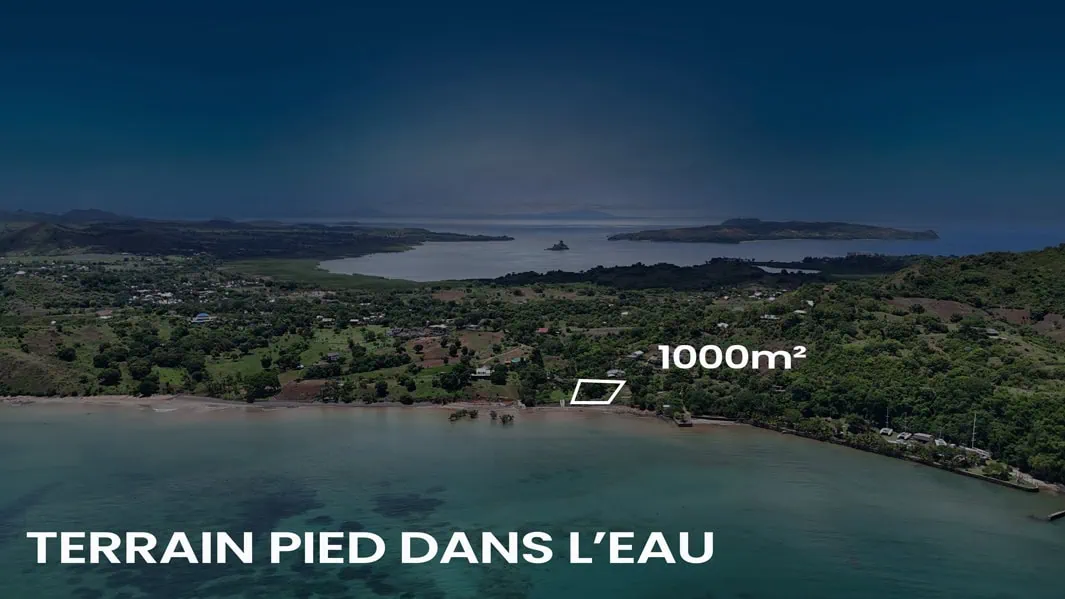 Vue aérienne de la mer vers la côte montrant un terrain pied dans l’eau à Nosy Be, 1000 m² avec tracé de la parcelle