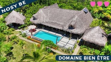 domaine vue mer à Ambatozavavy Nosy Be avec villa principale piscine et bungalows dans un environnement calme et arboré