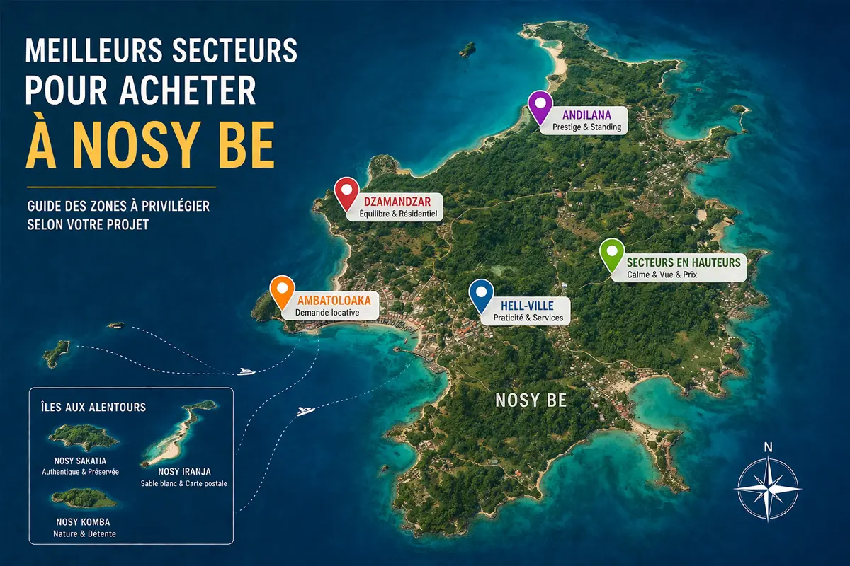 carte des meilleurs secteurs pour investir à Nosy Be Madagascar immobilier zones stratégiques