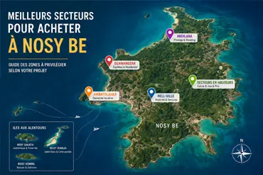 Carte des meilleurs secteurs pour acheter à Nosy Be avec localisation des zones clés comme Andilana, Dzamandzar et Ambatoloaka