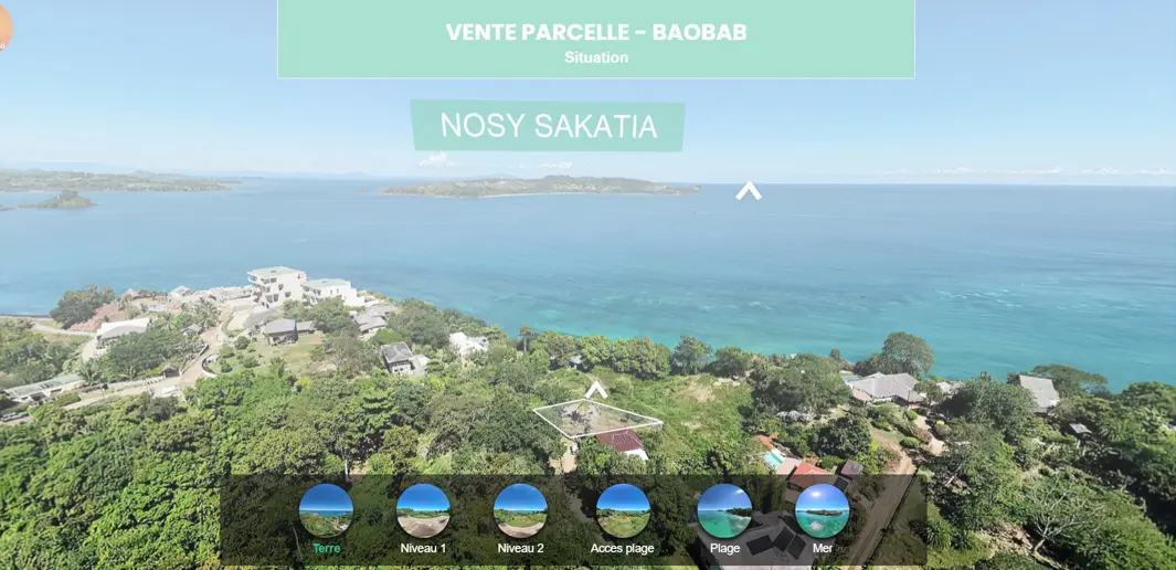 Accès à la visite virtuelle 360 d’un terrain front de mer à Nosy Faly avec plage de sable blanc