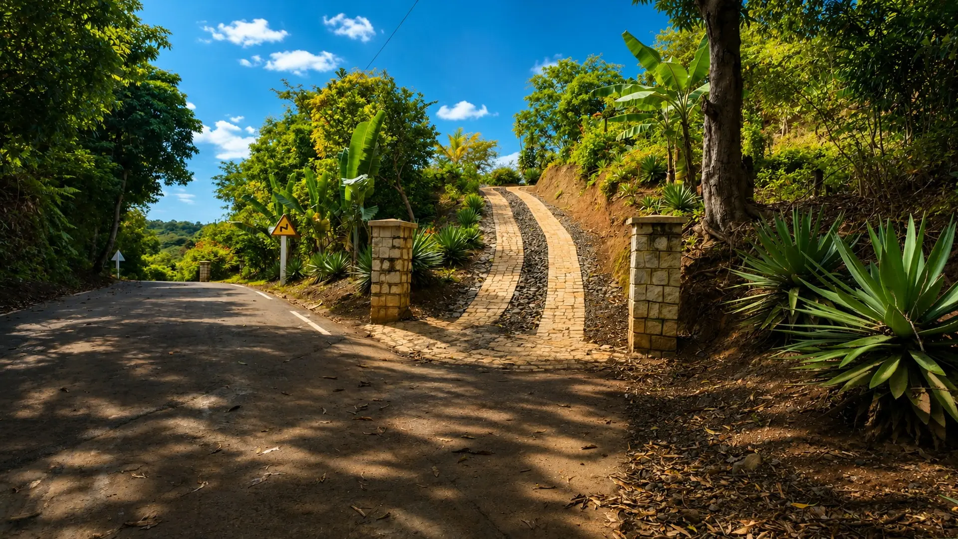 Entrée sécurisée d'une résidence privée desservant des parcelles avec vue mer à Nosy Be width=