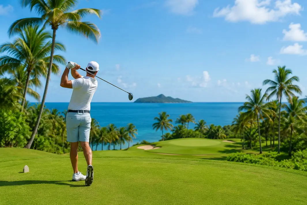 Golfeur sur un parcours tropical illustrant la proximité du futur golf de Nosy Be