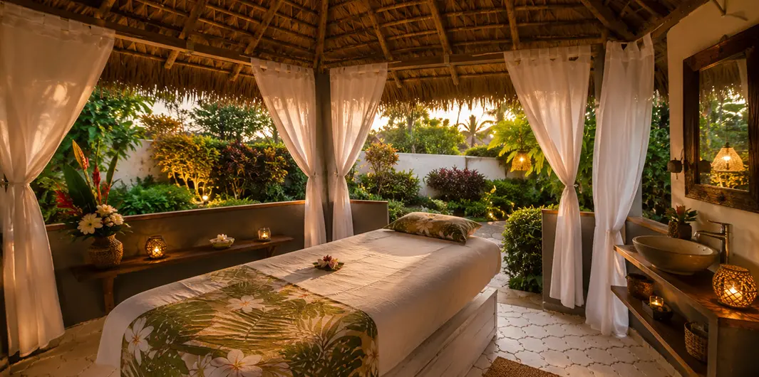 Kiosque de massage privatif dans un jardin tropical paysager à Nosy Be