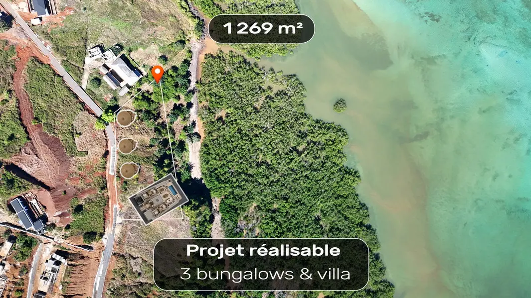 Exemple d'implantation d'une villa et de trois bungalows sur un terrain de 1269 m² avec vue mer à Andilana Nosy Be, proche plage et secteur résidentiel recherché.