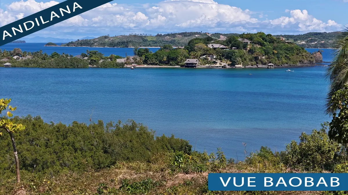 Vue panoramique sur la presqu'île de Baobab depuis un terrain à vendre à Andilana Nosy Be