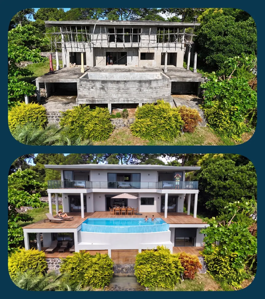 Comparaison entre la villa hors d'eau et une projection 3D réaliste après travaux sur la Presqu'île de Baobab à Nosy Be, illustrant le potentiel d'aménagement de cette propriété.
