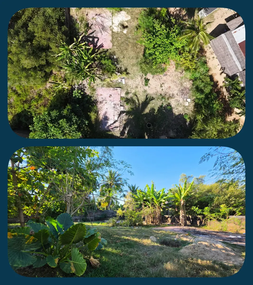 Vue aérienne et vue au sol du terrain de 680 m² à vendre à Ambatoloaka, Nosy Be