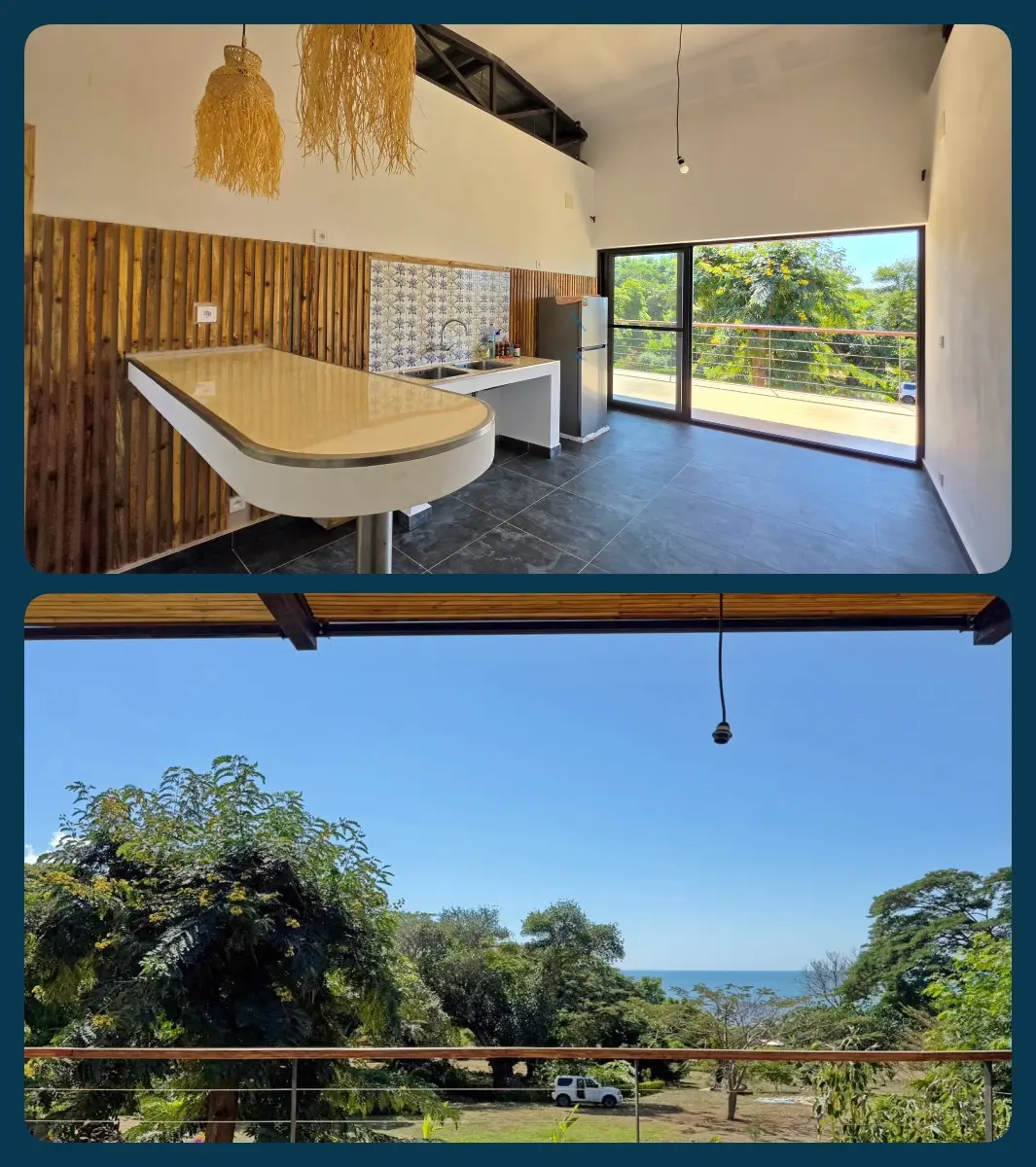 Séjour lumineux avec cuisine ouverte et vue mer dans une villa contemporaine à Nosy Be