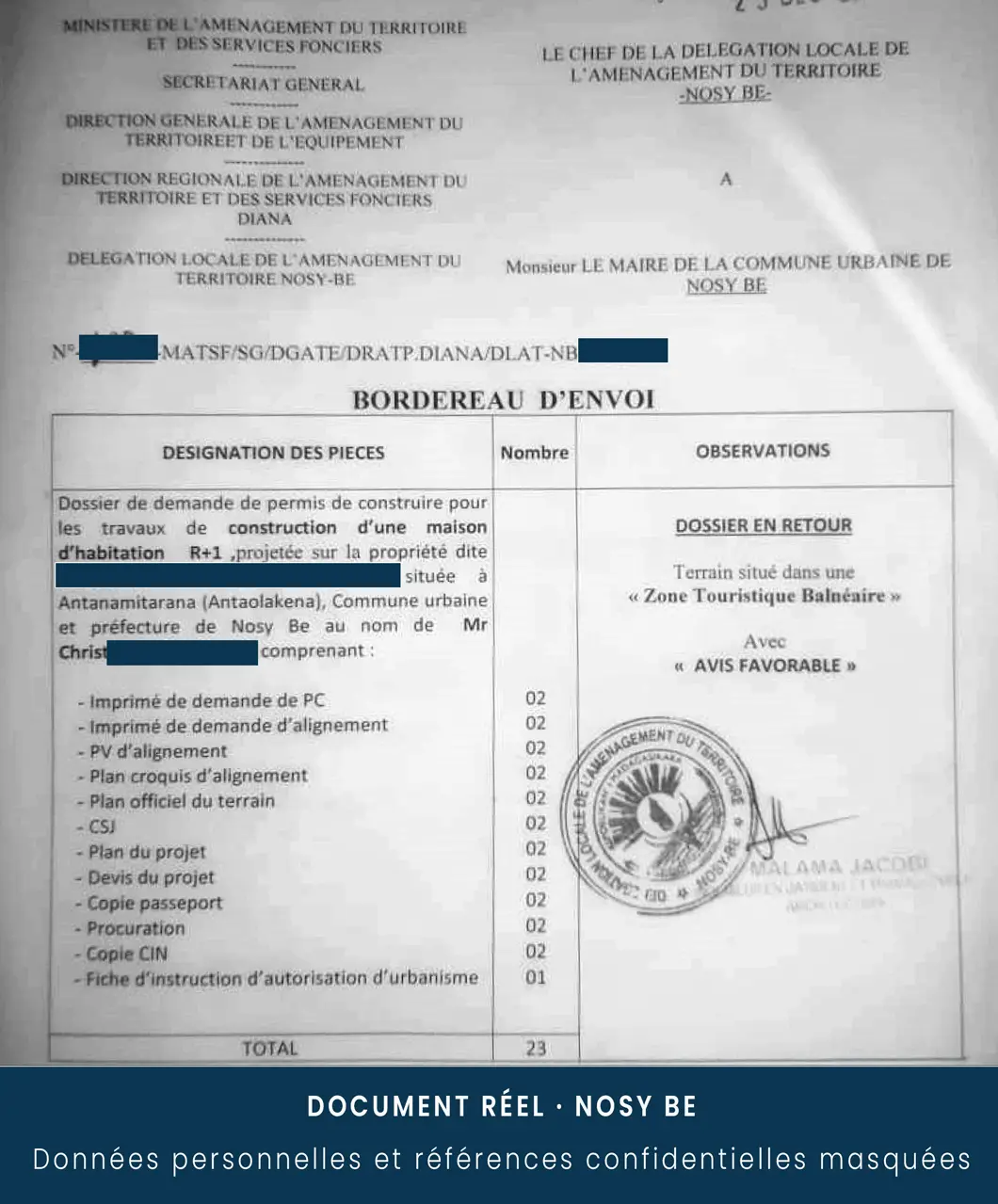 Exemple réel d’un avis favorable pour un permis de construire à Nosy Be