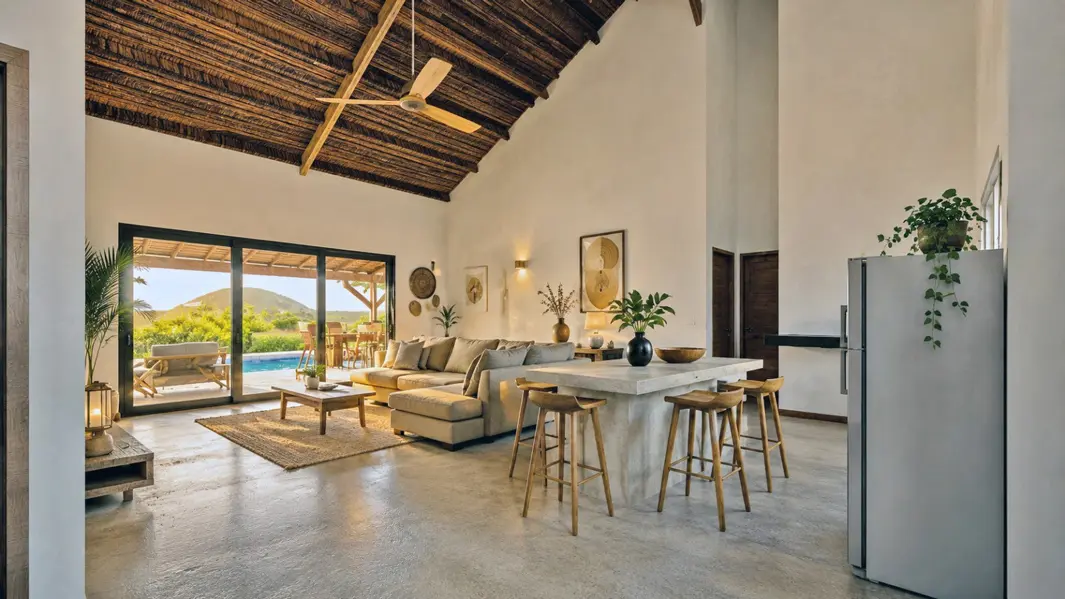 Séjour avec cuisine ouverte d’une villa neuve à Nosy Be