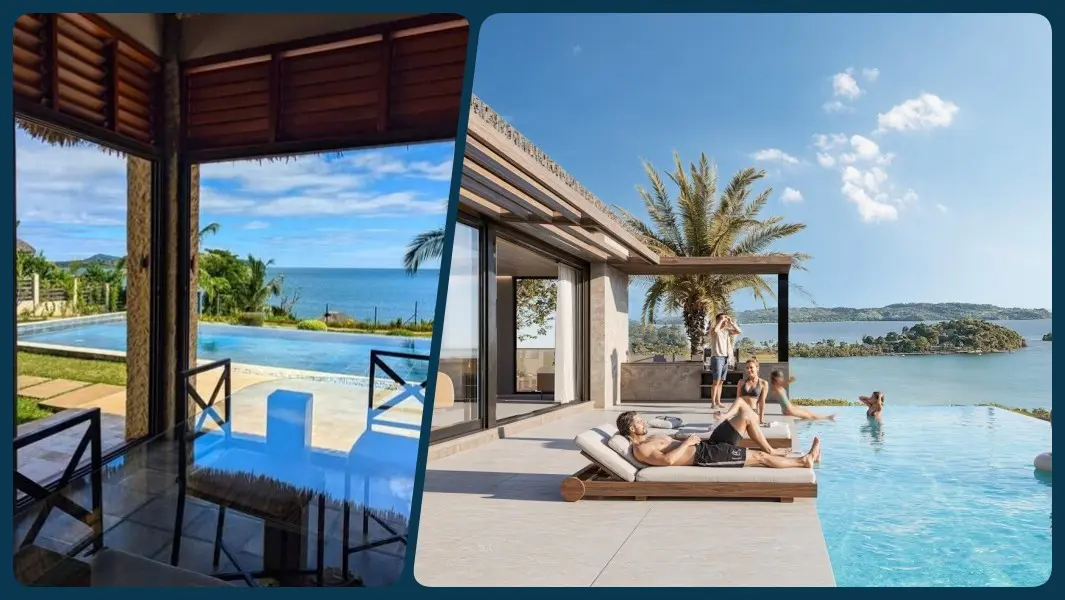 Exemple de villa avec piscine à débordement face à la mer à Andilana