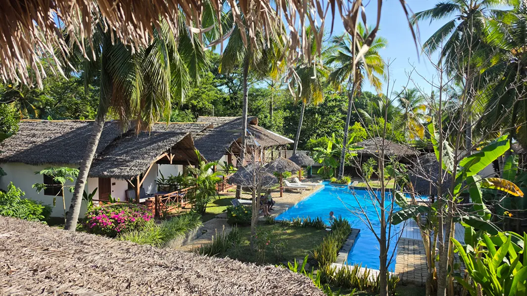 Vue plongeante sur le piscine de la villa de direction